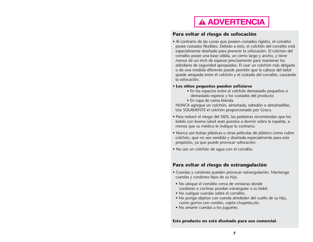 Graco Inc ISPP072AA 07/0632 manual Para evitar el riesgo de sofocación, Para evitar el riesgo de estrangulación 