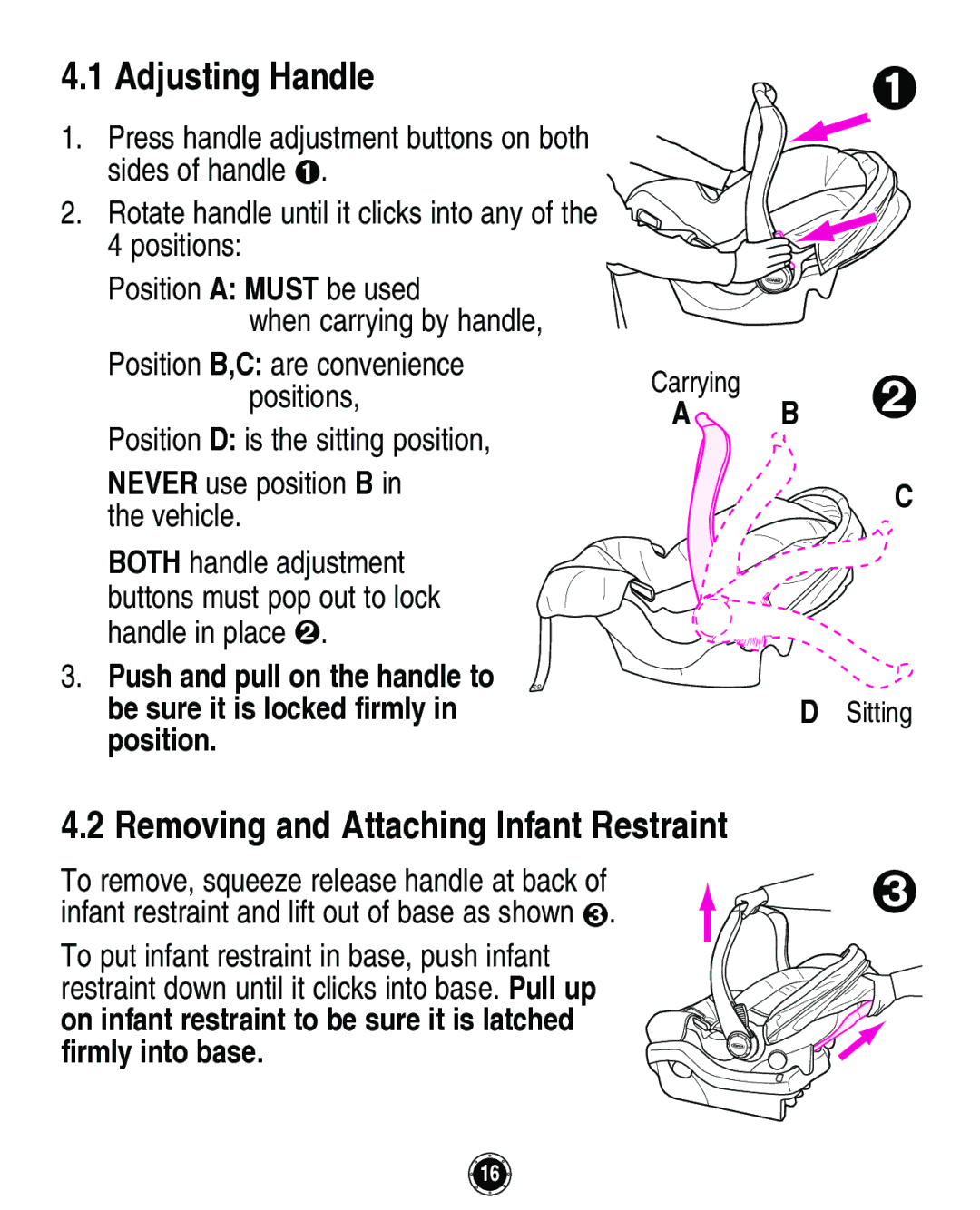 Graco Infant Restraint/Carrier manual Adjusting Handle, Removing and Attaching Infant Restraint 