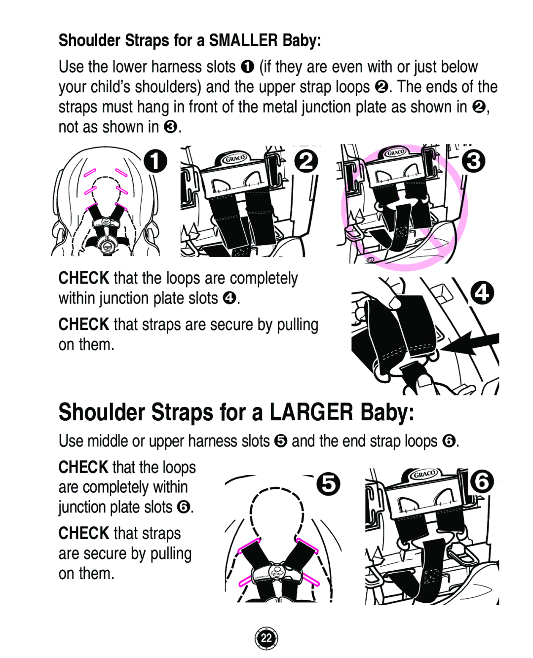 Graco Infant Restraint/Carrier manual Shoulder Straps for a Smaller Baby, Check that straps are secure by pulling on them 