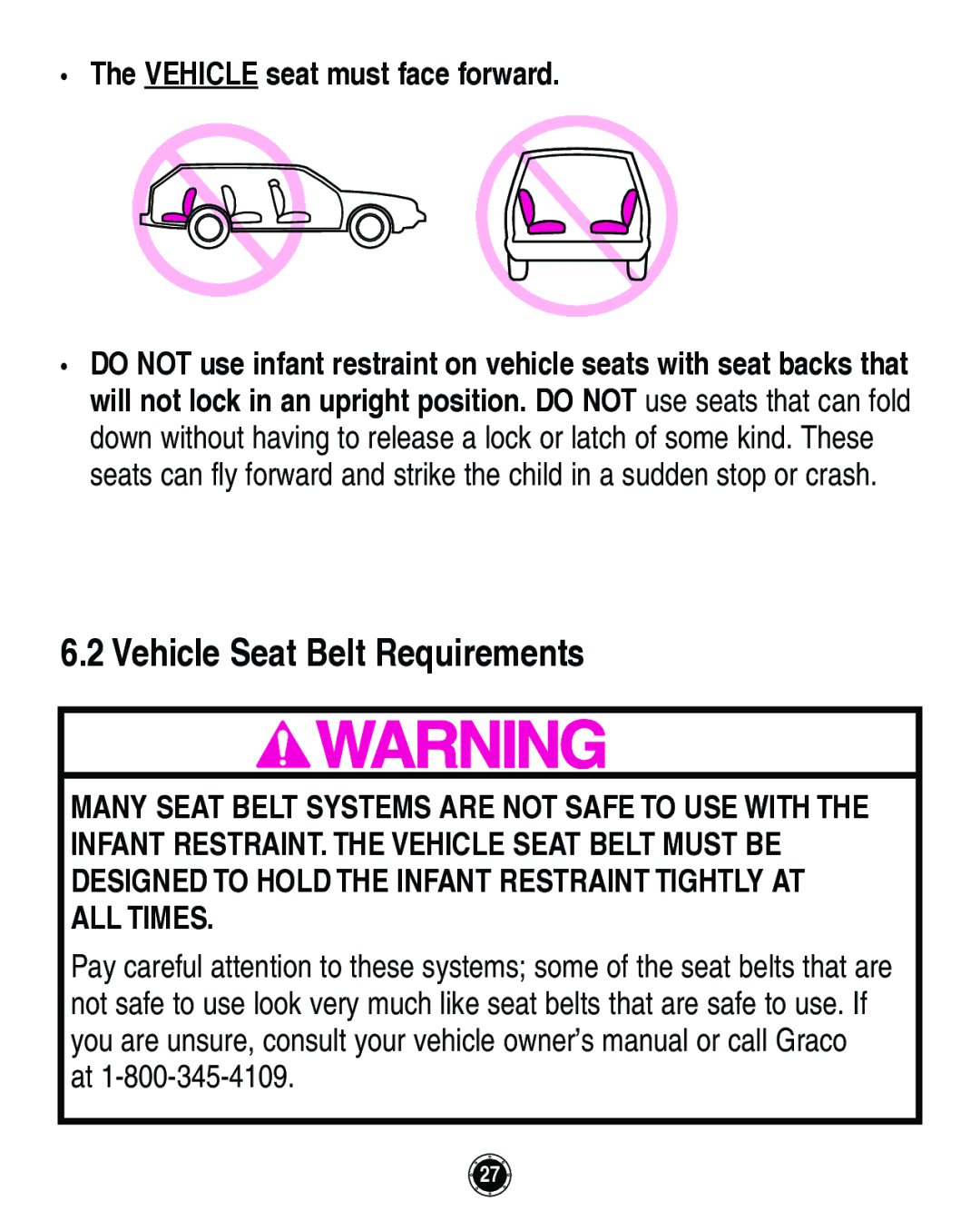 Graco Infant Restraint/Carrier manual Vehicle Seat Belt Requirements, Vehicle seat must face forward 