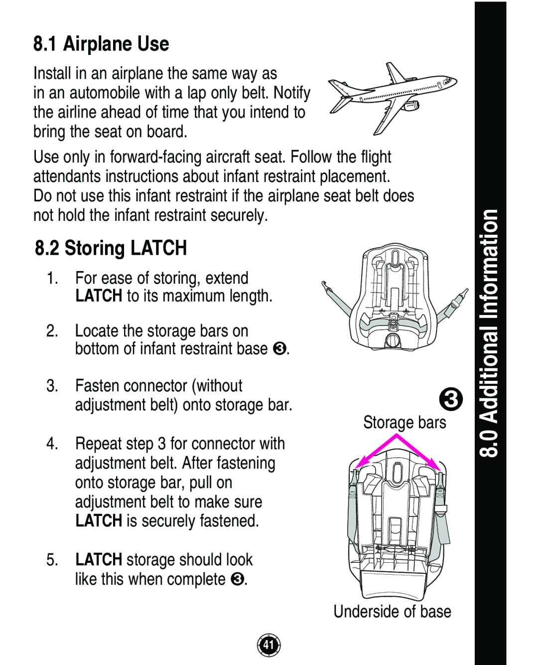 Graco Infant Restraint/Carrier manual Additional Information, Airplane Use, Storing Latch 