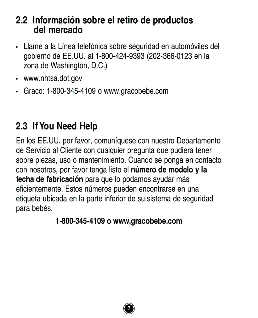 Graco Infant Restraint/Carrier manual Información sobre el retiro de productos del mercado, If You Need Help 