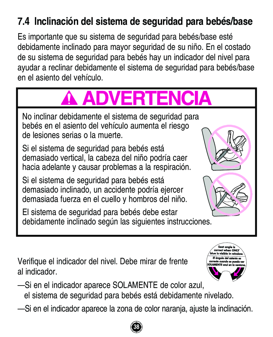 Graco Infant Restraint/Carrier manual Inclinación del sistema de seguridad para bebés/base 