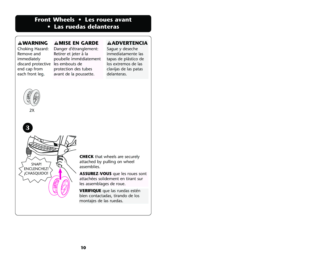 Graco ISPA001AE manual Front Wheels Les roues avant Las ruedas delanteras, Mise EN Garde 