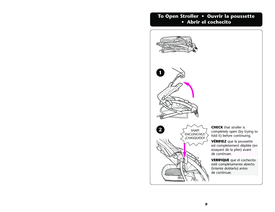 Graco ISPA001AE manual To Open Stroller Ouvrir la poussette Abrir el cochecito 