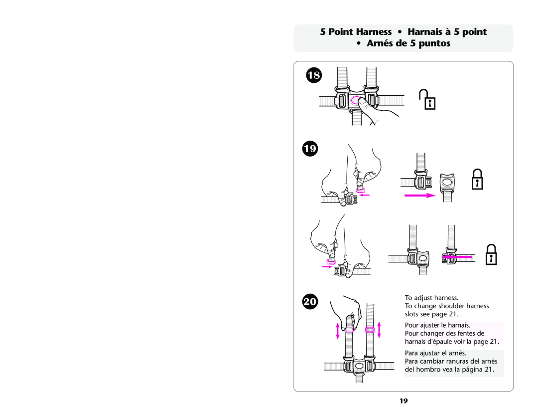 Graco ISPA001AE manual Point Harness Harnais à 5 point Arnés de 5 puntos, To adjust harness, To change shoulder harness 