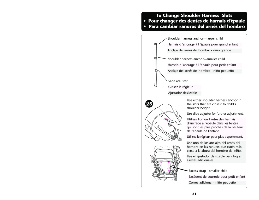 Graco ISPA001AE manual To Change Shoulder Harness Slots, Pour changer des dentes de harnais dépaule 