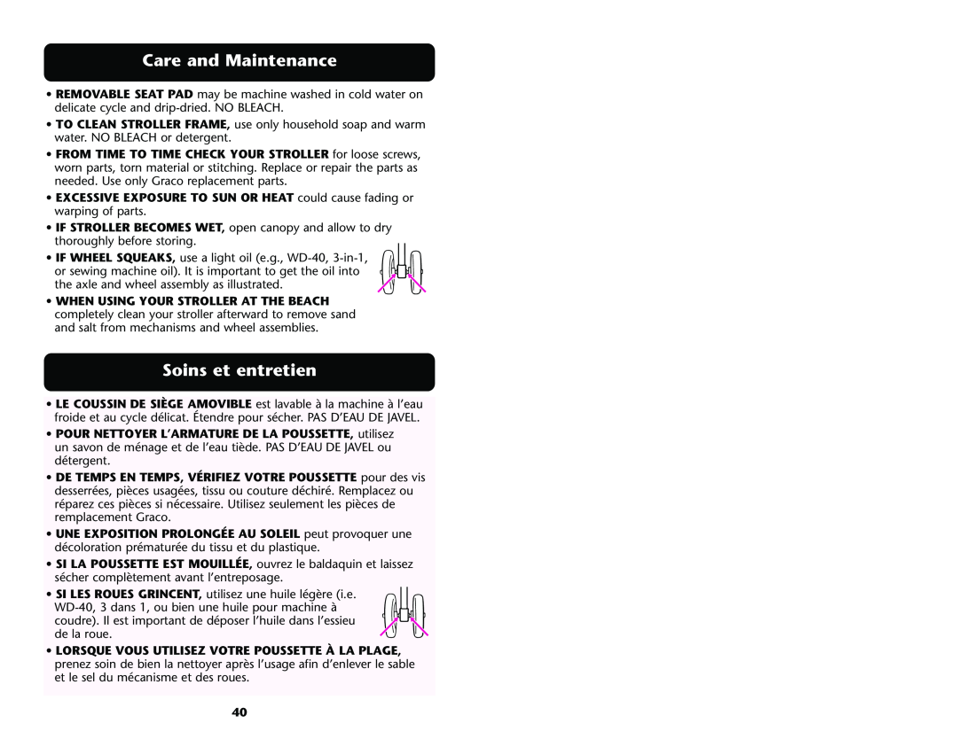 Graco ISPA001AE manual Care and Maintenance, Soins et entretien 