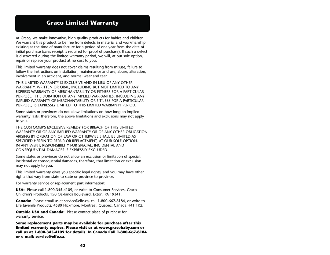 Graco ISPA001AE manual Graco Limited Warranty 