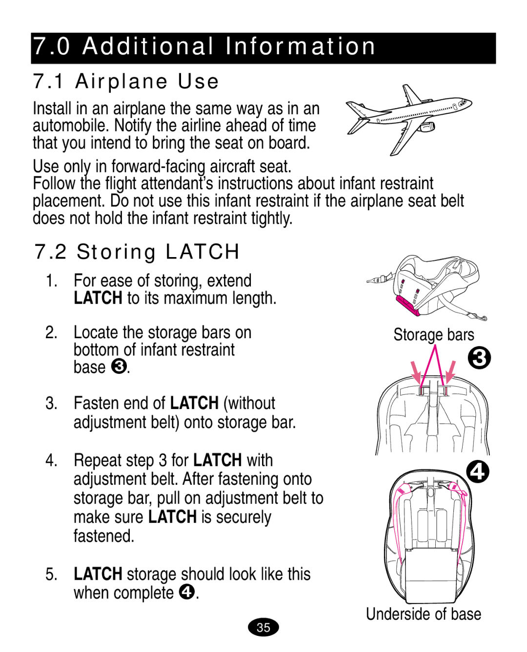 Graco ISPA003AA manual Additional Information, Airplane Use, Storing Latch, Use only in forward-facing aircraft seat 