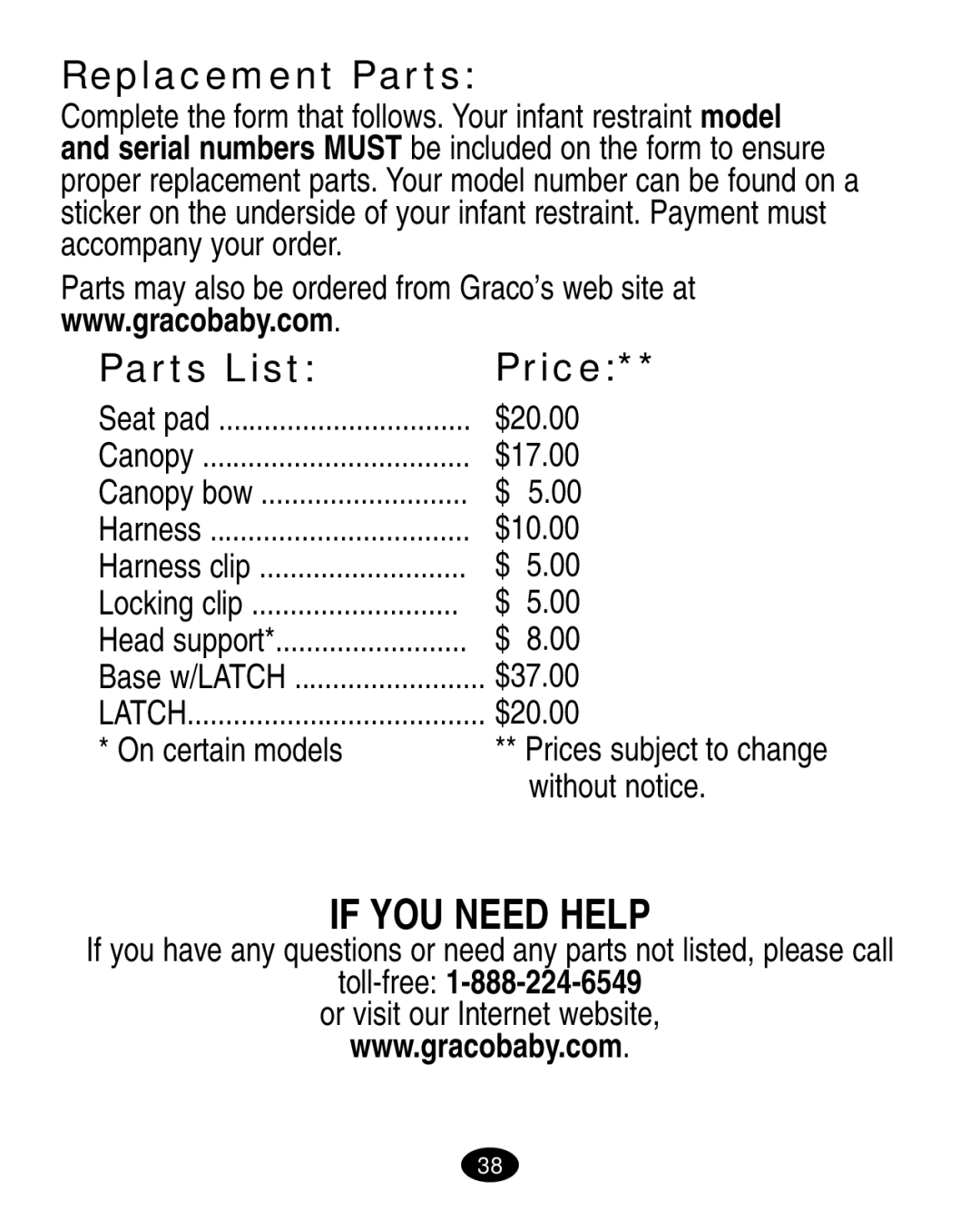 Graco ISPA003AA manual Replacement Parts, Parts List Price, Toll-free1-888-224-6549 