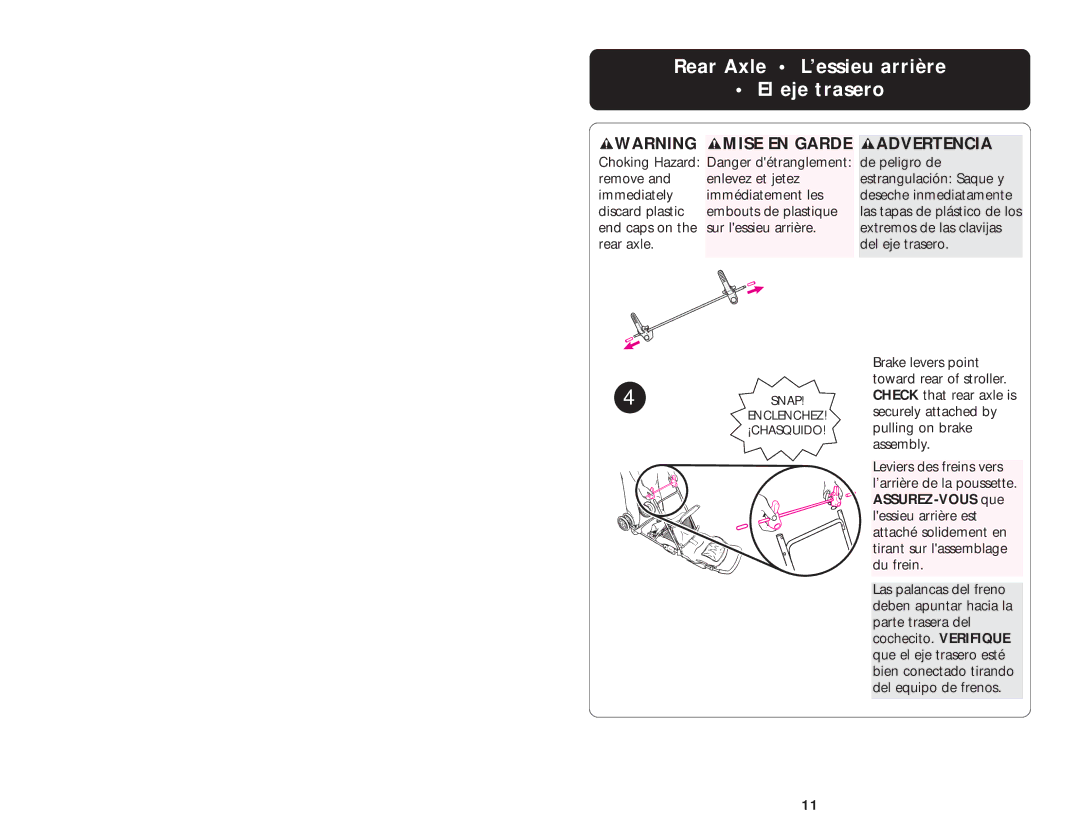 Graco ISPA003AB manual Rear Axle L’essieu arrière El eje trasero, Advertencia 