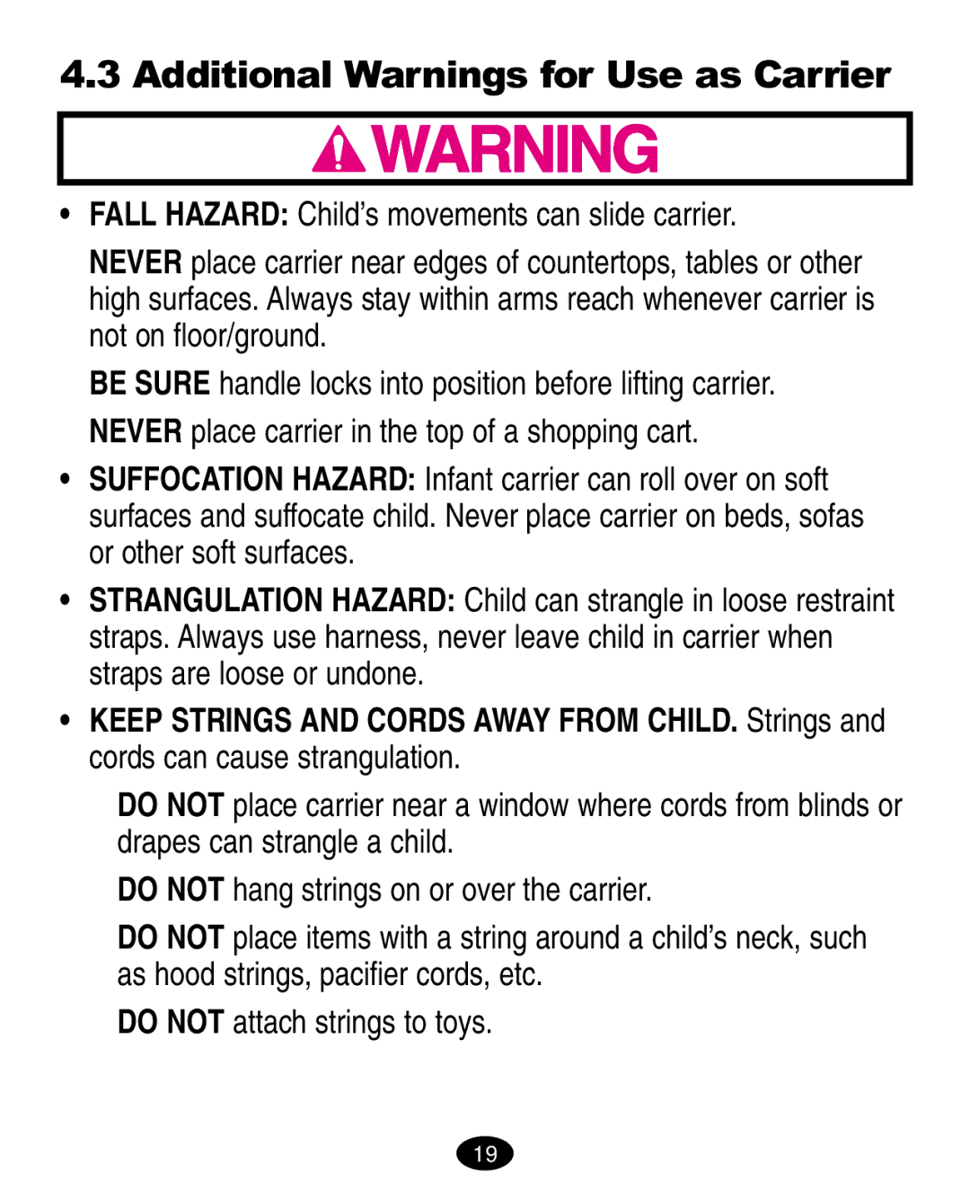 Graco ISPA003AB manual Additional Warnings for Use as Carrier 