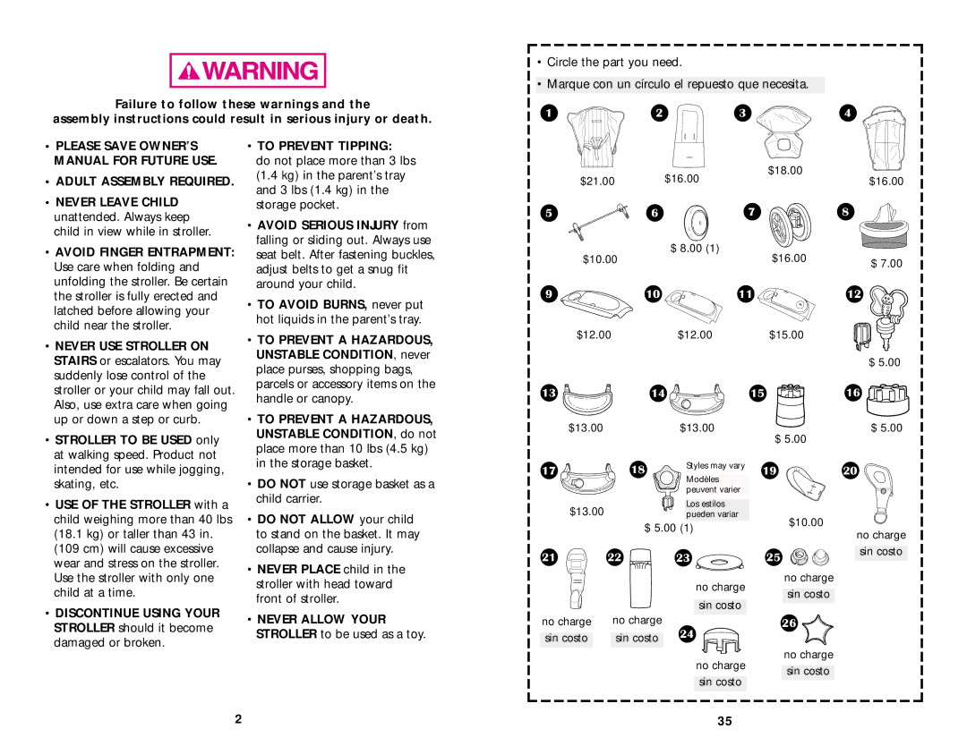 Graco ISPA003AC manual Adult Assembly Required, To Prevent Tipping, Never Allow Your Stroller to be used as a toy 