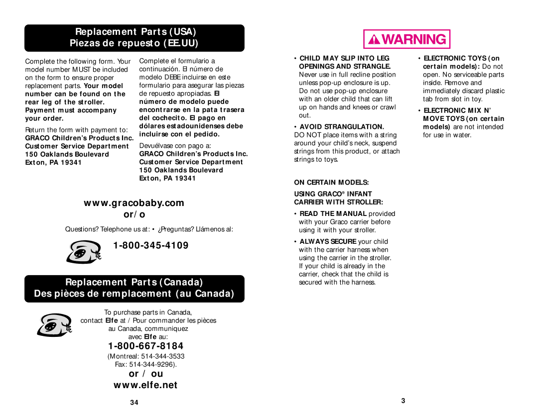 Graco ISPA003AC manual Replacement Parts USA Piezas de repuesto EE.UU, On Certain Models 