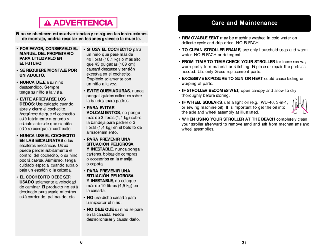 Graco ISPA003AC manual Care and Maintenance, EL Futuro SE Requiere Montaje POR UN Adulto 