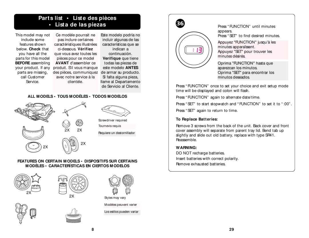 Graco ISPA003AC manual Parts list Liste des pièces Lista de las piezas, Verifique que tiene, To Replace Batteries 