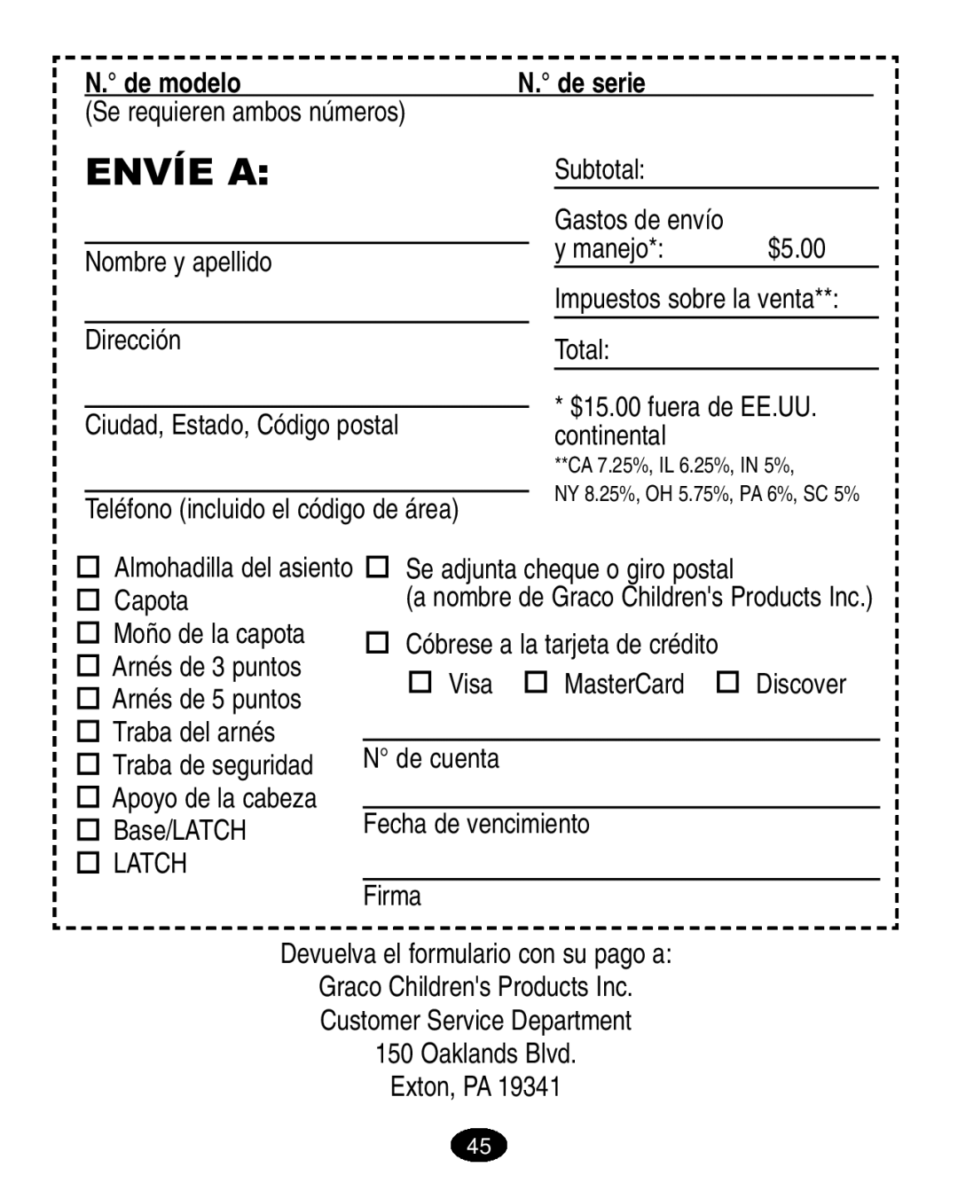 Graco ISPA005AA manual Envíe A, N. de modelo, N. de serie 