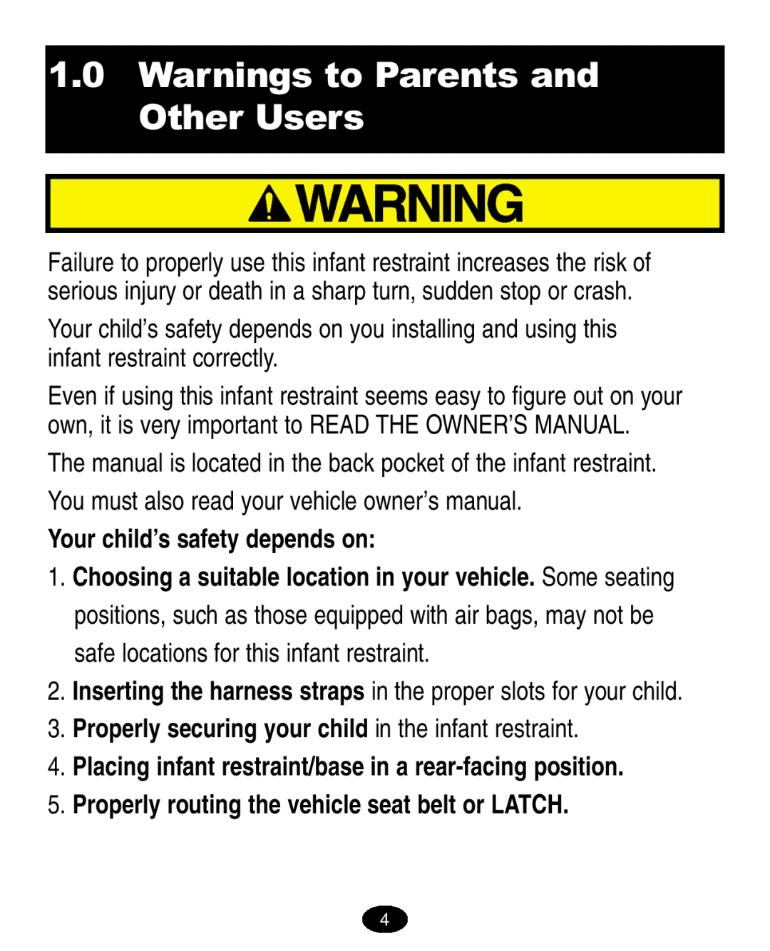 Graco ISPA005AA Warnings to Parents and Other Users, You must also read your vehicle owner’s manual 