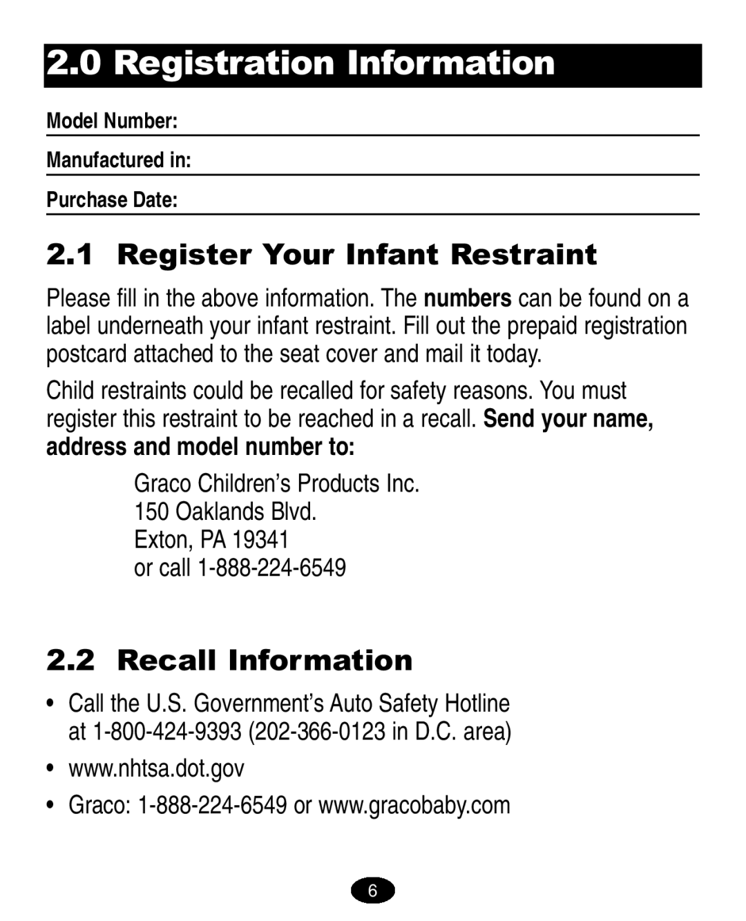 Graco ISPA005AA manual Registration Information, Register Your Infant Restraint, Recall Information, Exton, PA or call 