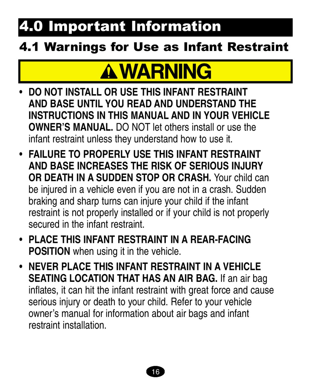Graco ISPA005AA manual Important Information, Warnings for Use as Infant Restraint 