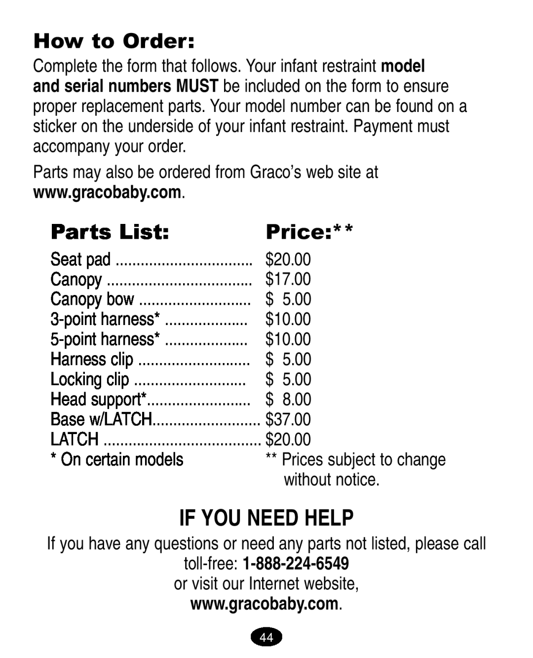 Graco ISPA005AA manual If You Need Help, How to Order, Parts List, Price, 5.00, 8.00, On certain models, toll-free 