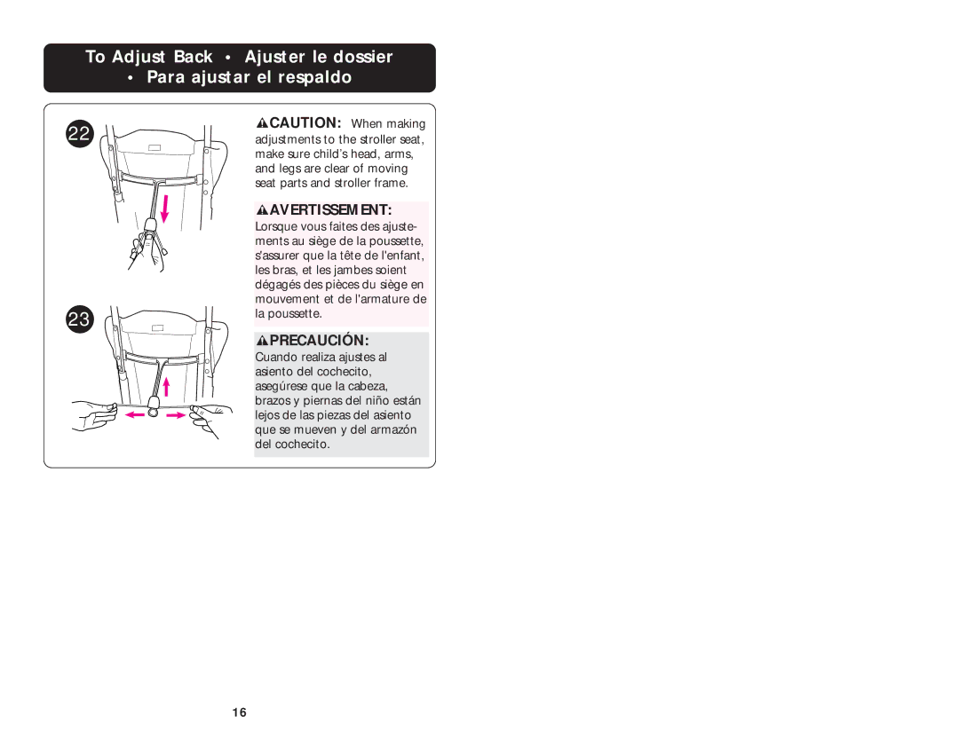 Graco ISPA006AB manual To Adjust Back Ajuster le dossier Para ajustar el respaldo, Avertissement 