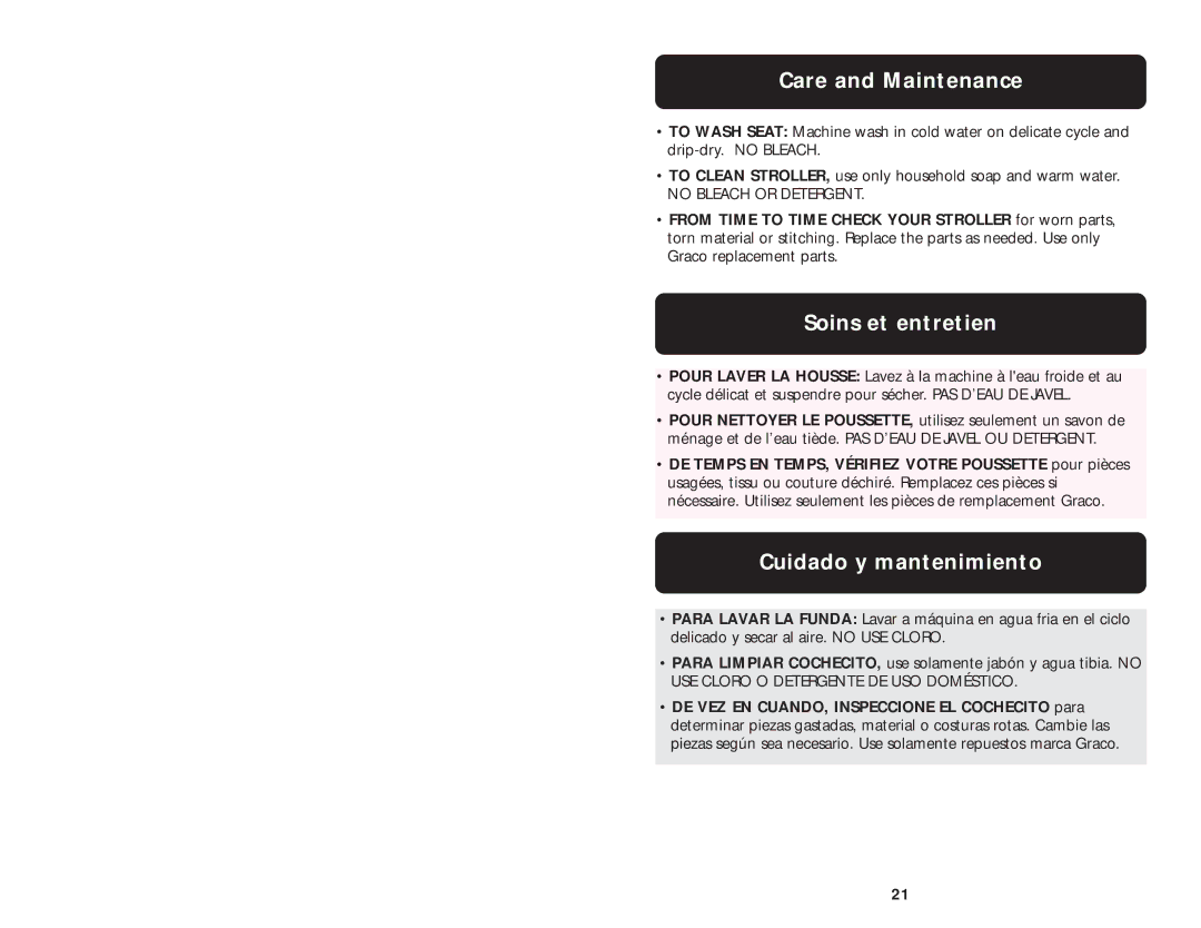 Graco ISPA006AB manual Care and Maintenance, Soins et entretien, Cuidado y mantenimiento 