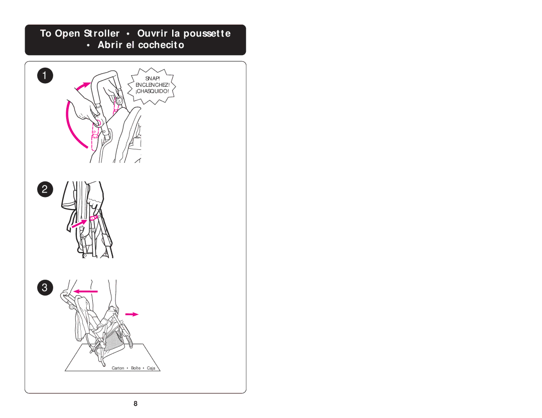 Graco ISPA006AB manual To Open Stroller Ouvrir la poussette Abrir el cochecito 