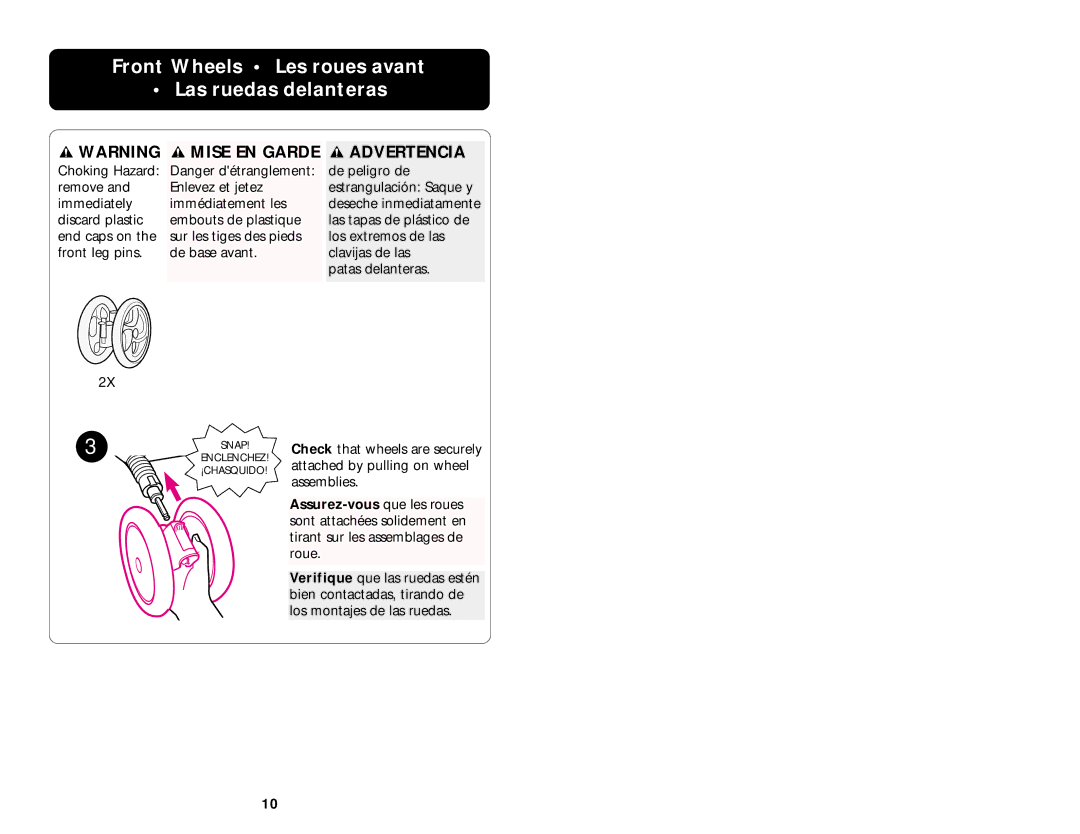 Graco ISPA008AA manual Front Wheels Les roues avant Las ruedas delanteras, Mise EN Garde 