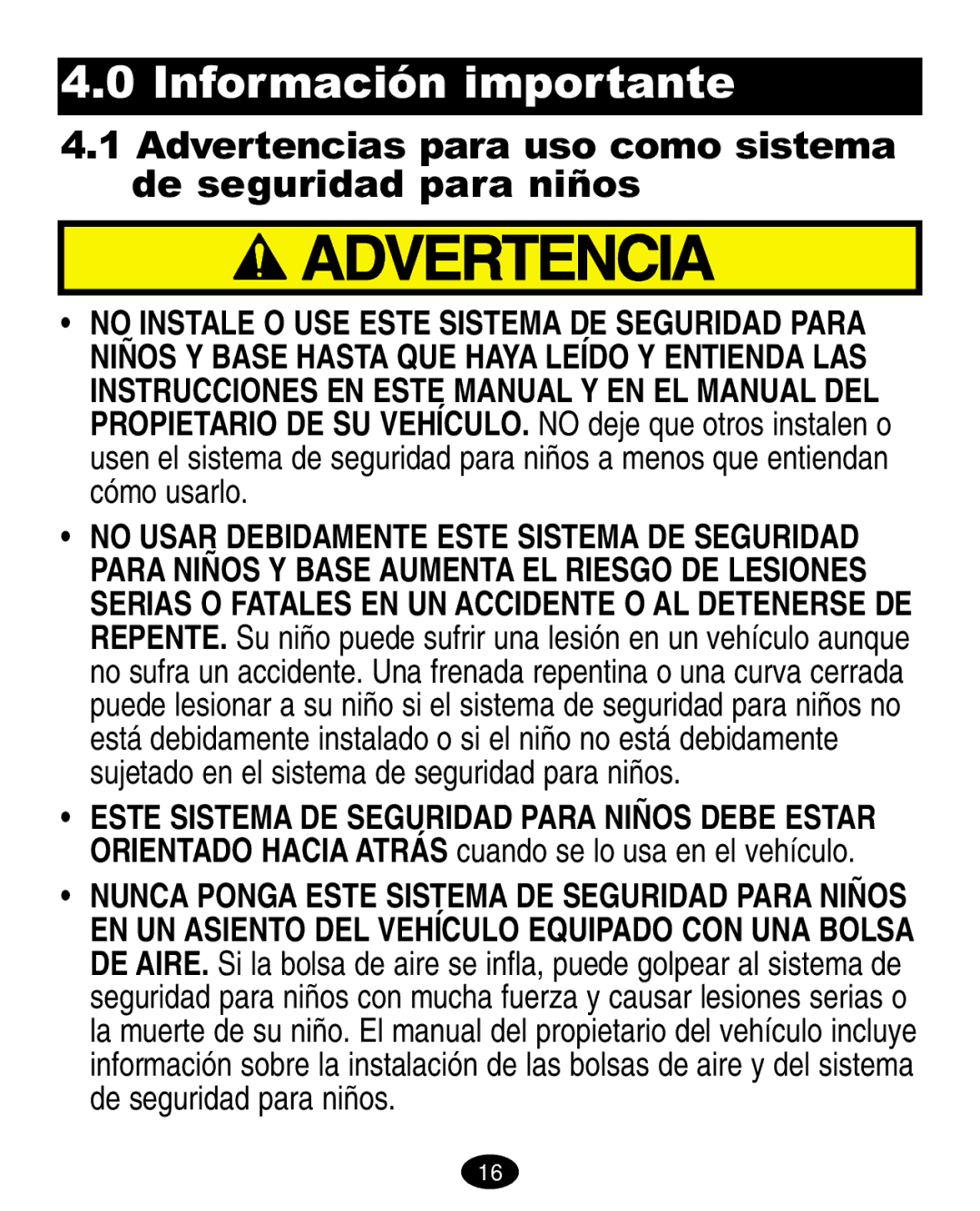 Graco ISPA008AA manual Información importante, Advertencias para uso como sistema De seguridad para niños 