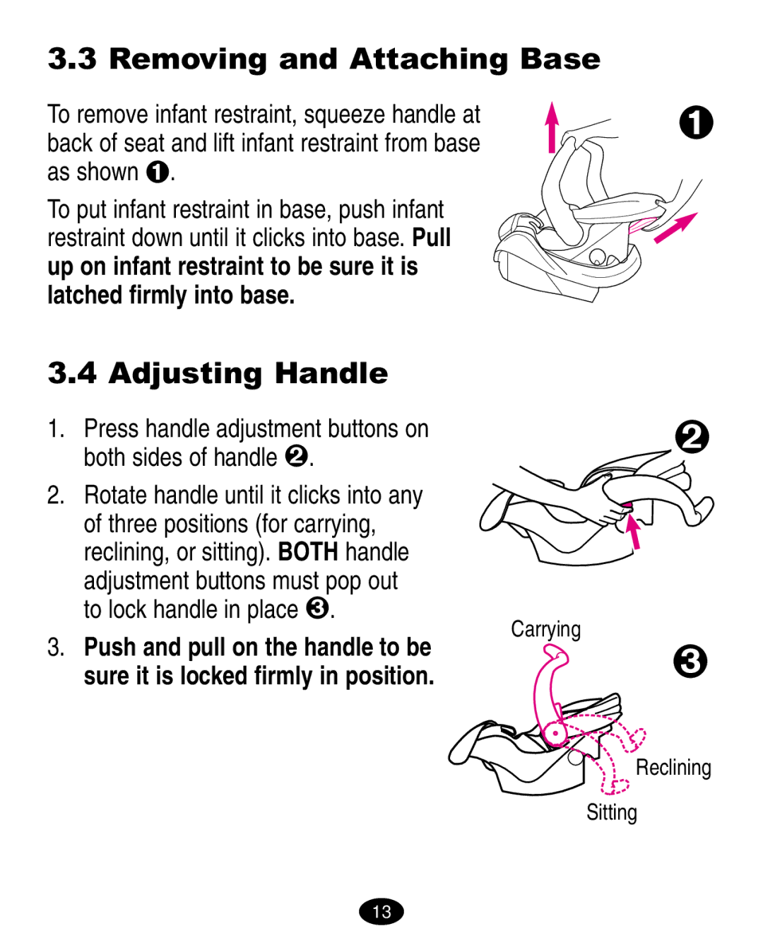 Graco ISPA008AA manual Removing and Attaching Base, Adjusting Handle, Back of seat and lift infant restraint from base 