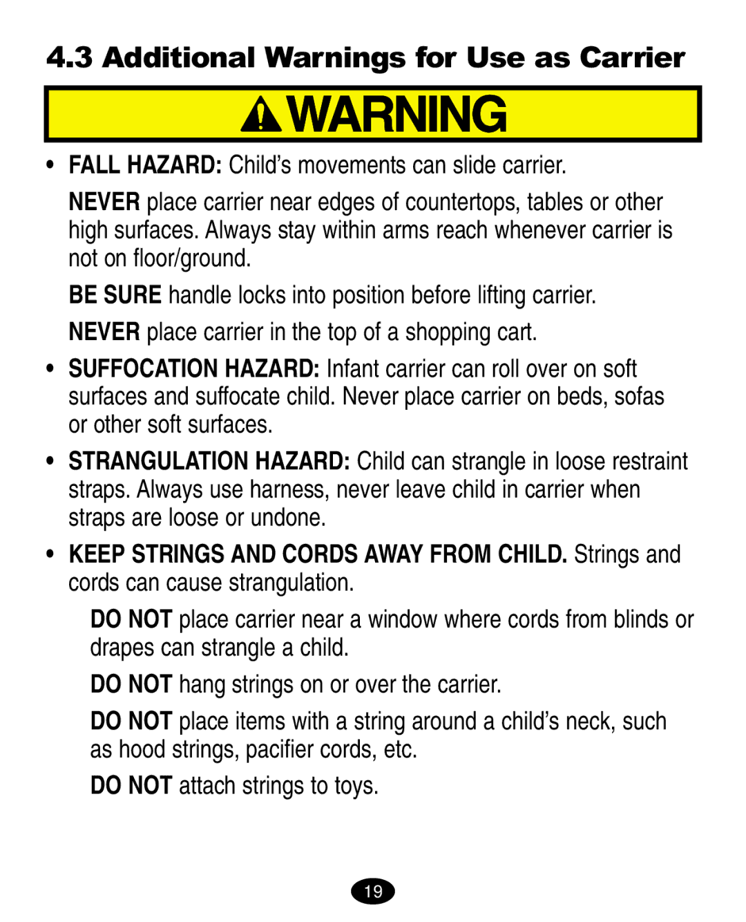 Graco ISPA008AA manual Additional Warnings for Use as Carrier 