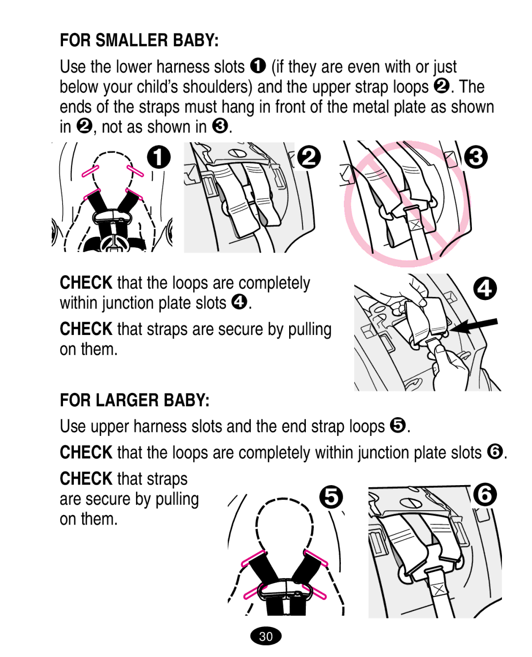 Graco ISPA008AA manual For Smaller Baby, For Larger Baby, Use upper harness slots and the end strap loops  