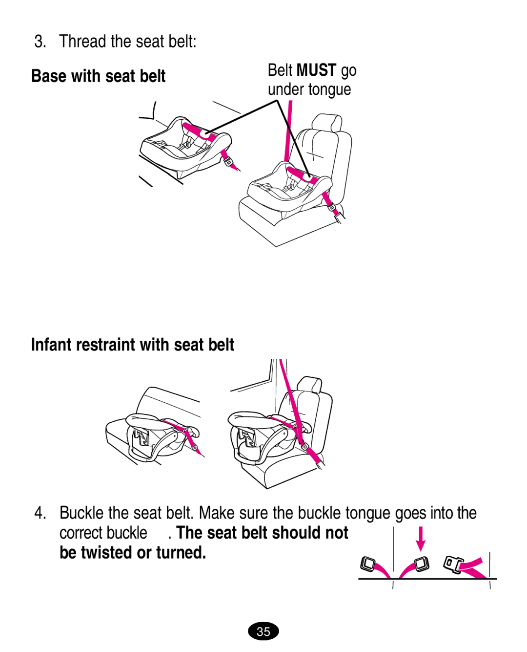 Graco ISPA008AA manual Thread the seat belt, Infant restraint with seat belt, Be twisted or turned 