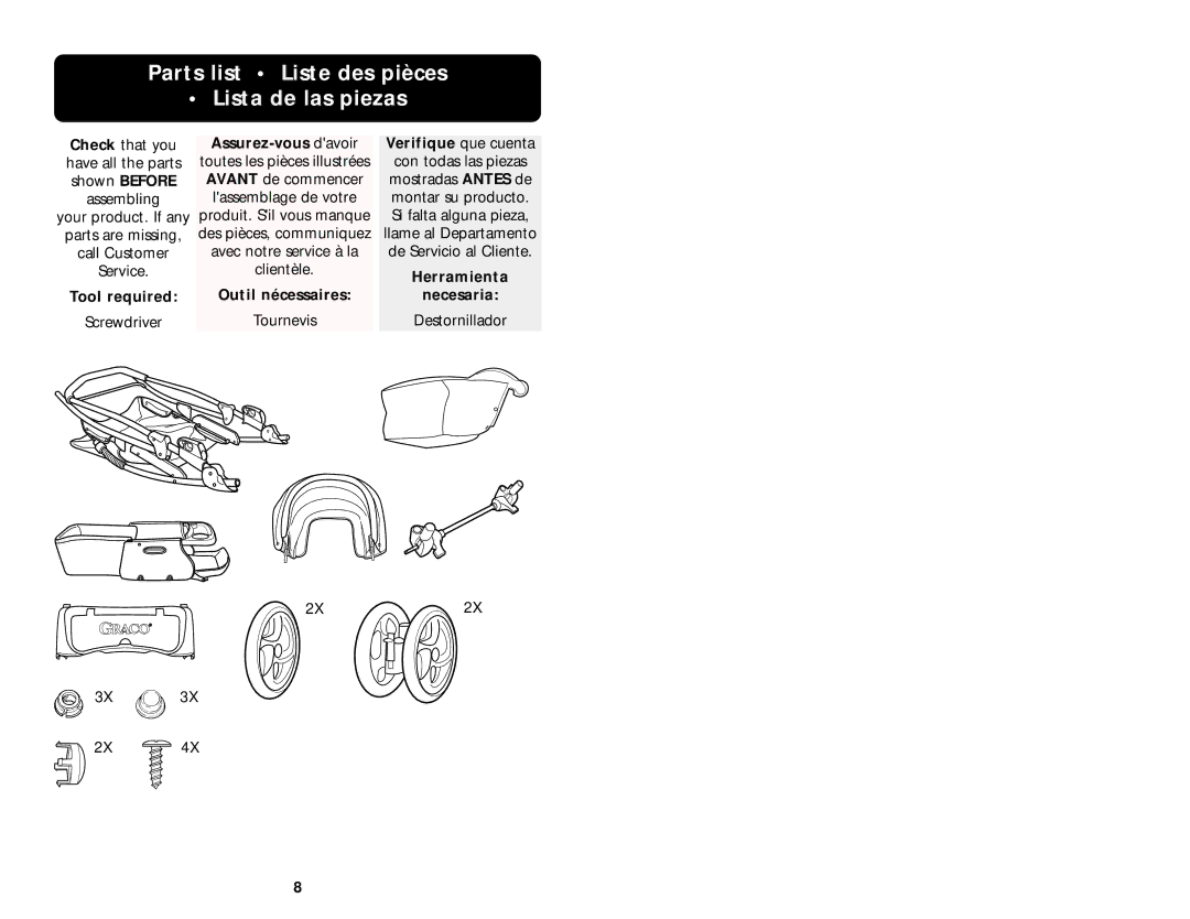 Graco ISPA008AA manual Parts list Liste des pièces Lista de las piezas, Assurez-vous davoir Verifique que cuenta 