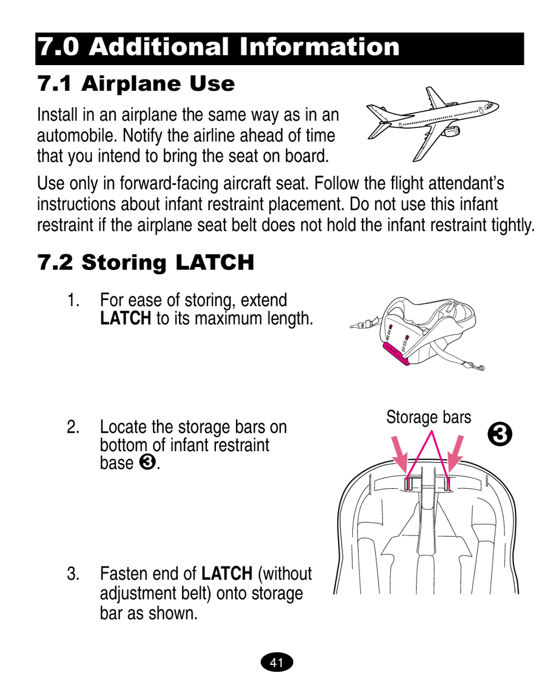 Graco ISPA008AA manual Additional Information, Airplane Use, Storing Latch, Locate the storage bars on 