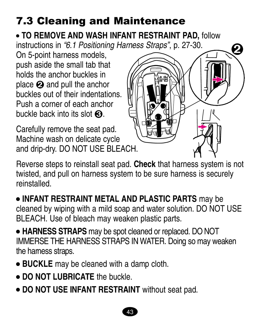 Graco ISPA008AA manual Cleaning and Maintenance, To Remove and Wash Infant Restraint PAD, follow, On 5-point harness models 