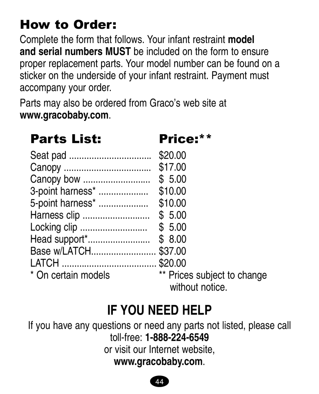 Graco ISPA008AA How to Order, Parts List Price, On certain models, Toll-free1-888-224-6549, Or visit our Internet website 