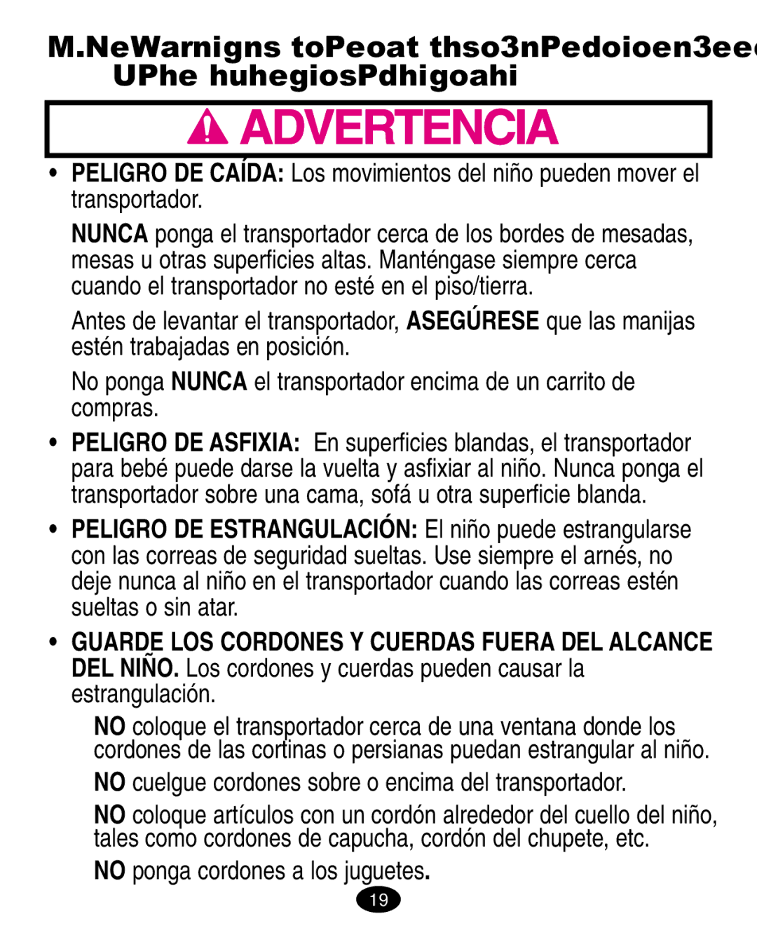 Graco ISPA010AB manual Advertencias adicionales para el uso como transportador, No ponga cordones a los juguetes 