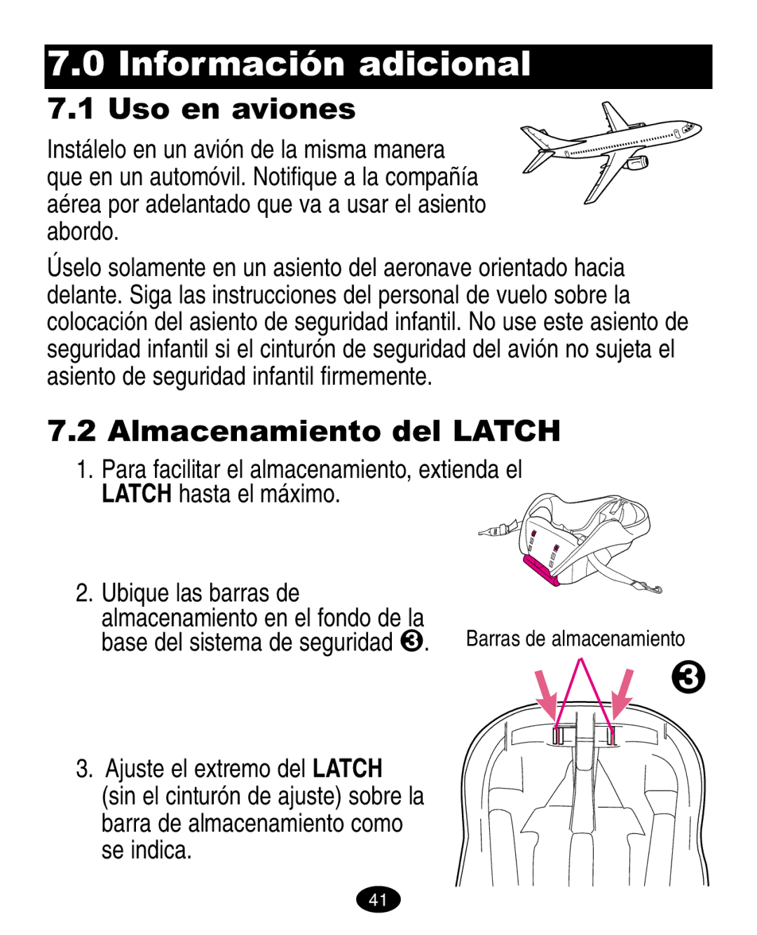 Graco ISPA010AB manual Información adicional, Uso en aviones, Almacenamiento del Latch 