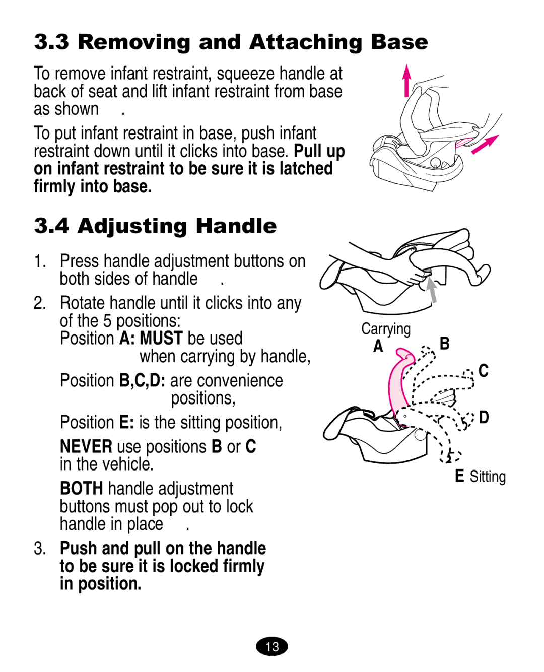 Graco ISPA010AB manual Removing and Attaching Base, Adjusting Handle, Back of seat and lift infant restraint from base 