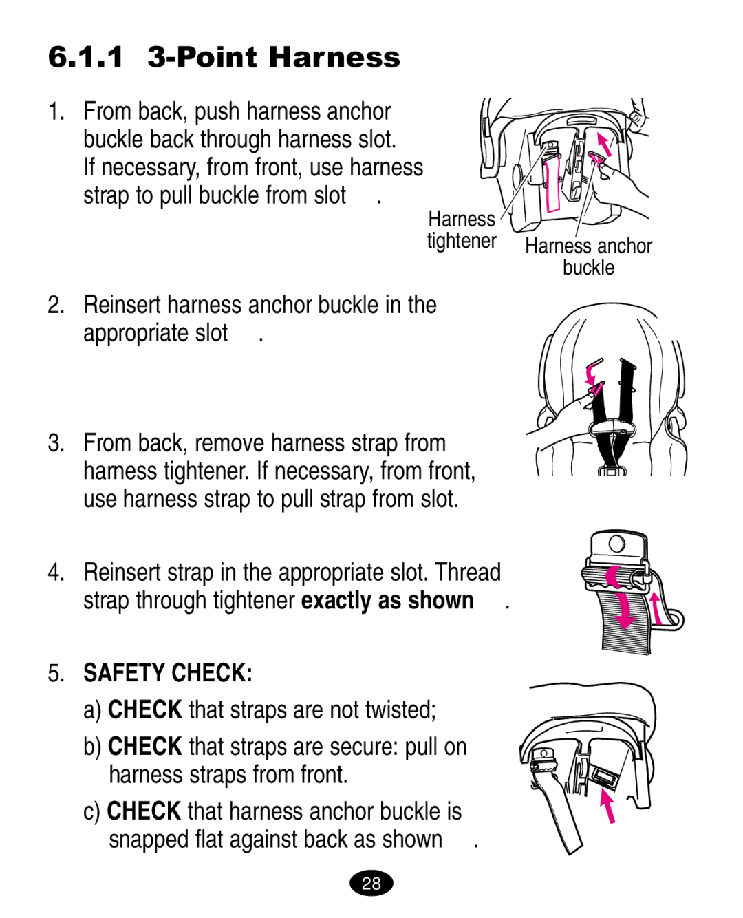 Graco ISPA010AB manual 1 3-Point Harness, Reinsert harness anchor buckle Appropriate slot , Safety Check 