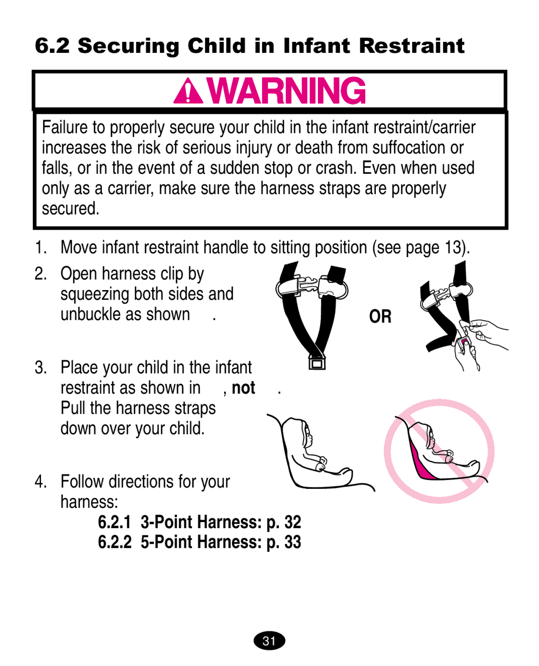 Graco ISPA010AB manual Securing Child in Infant Restraint, 1 3-Point Harness p 2 5-Point Harness p 