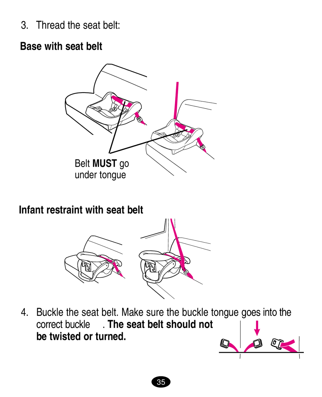 Graco ISPA010AB manual Thread the seat belt, Base with seat belt, Infant restraint with seat belt, Be twisted or turned 