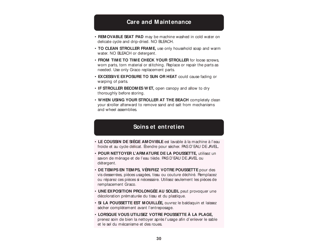 Graco ISPA010AD manual Care and Maintenance, Soins et entretien 