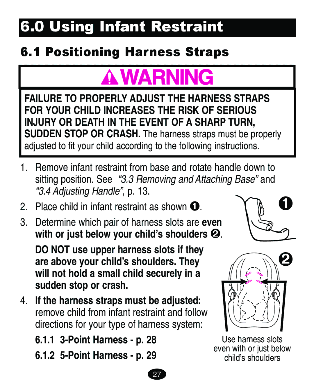 Graco ISPA010AD manual Using Infant Restraint, Positioning Harness Straps, 1 3-Point Harness p 2 5-Point Harness p 