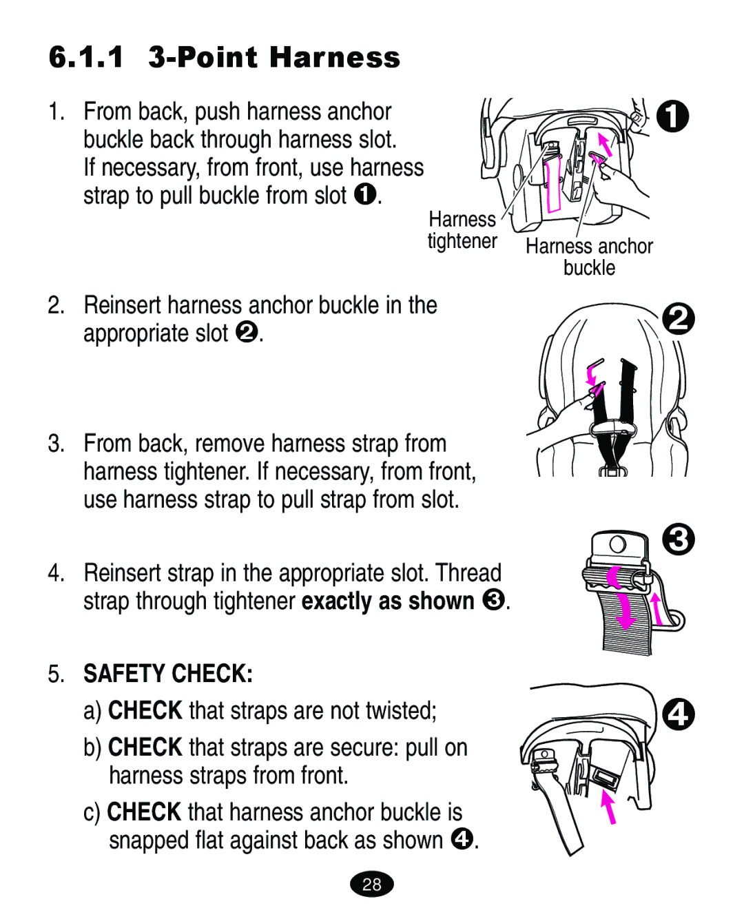 Graco ISPA010AD manual 1 3-Point Harness, Reinsert harness anchor buckle in the appropriate slot, Safety Check 