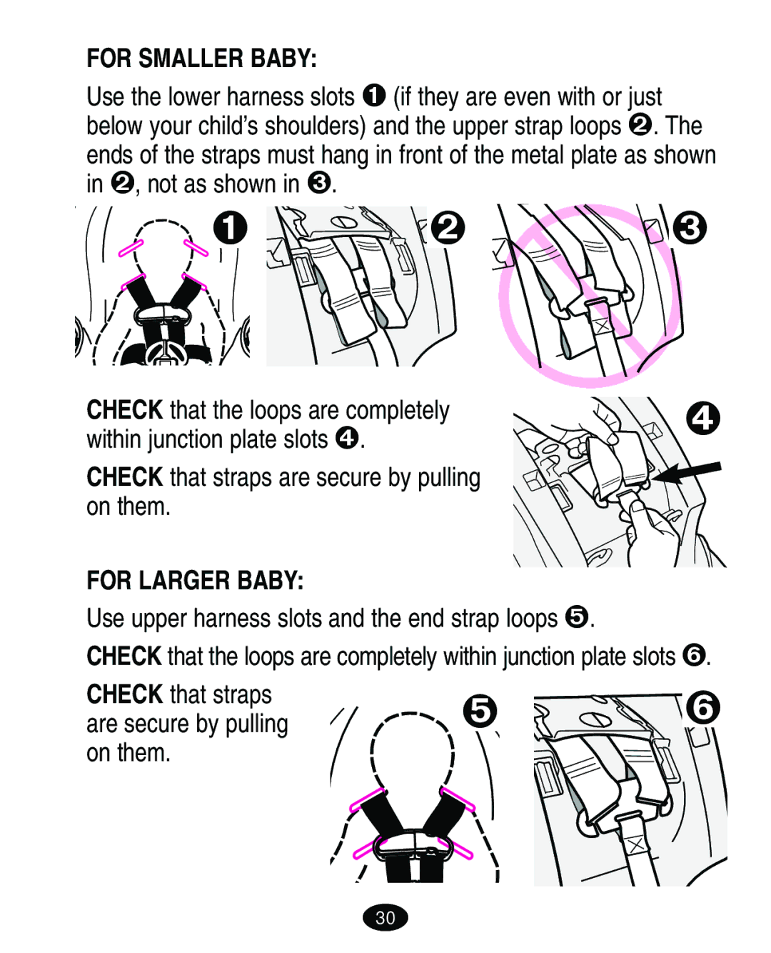 Graco ISPA010AD manual For Smaller Baby, For Larger Baby, Use upper harness slots and the end strap loops 