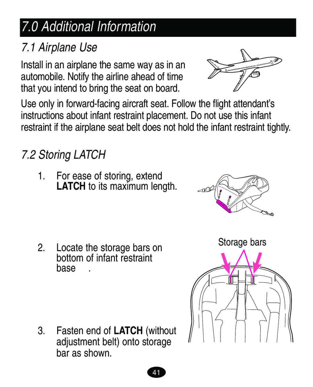 Graco ISPA010AD manual Additional Information, Airplane Use, Storing Latch, Locate the storage bars on 